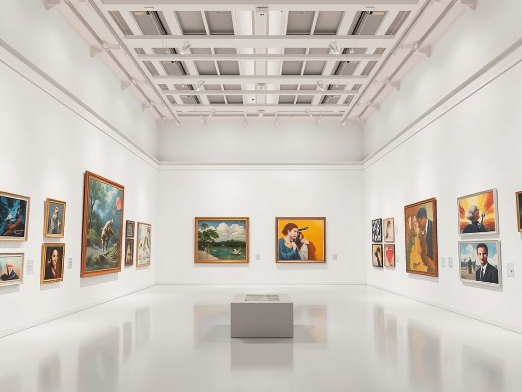 A modern art gallery showcasing various framed paintings on white walls with a central display table.