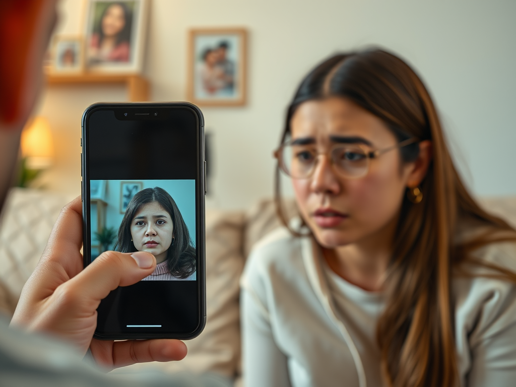 A person looks at a phone showing a photo of themselves, with a concerned expression on their face.