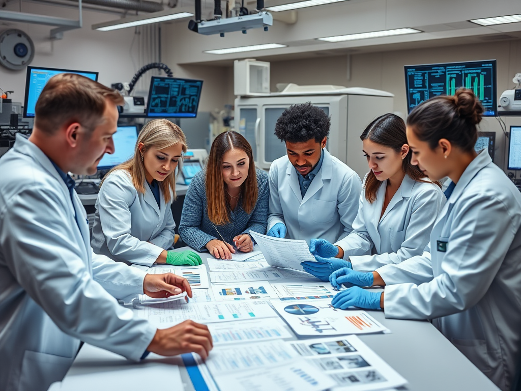 A diverse team of scientists collaborates over charts and reports in a laboratory setting, discussing findings intently.