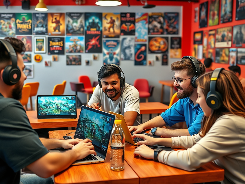 A group of friends wearing headphones enjoy gaming together at a vibrant cafe, with game posters on the walls.