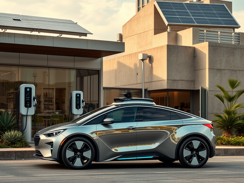 A sleek silver electric car parked near charging stations and a modern building with solar panels.