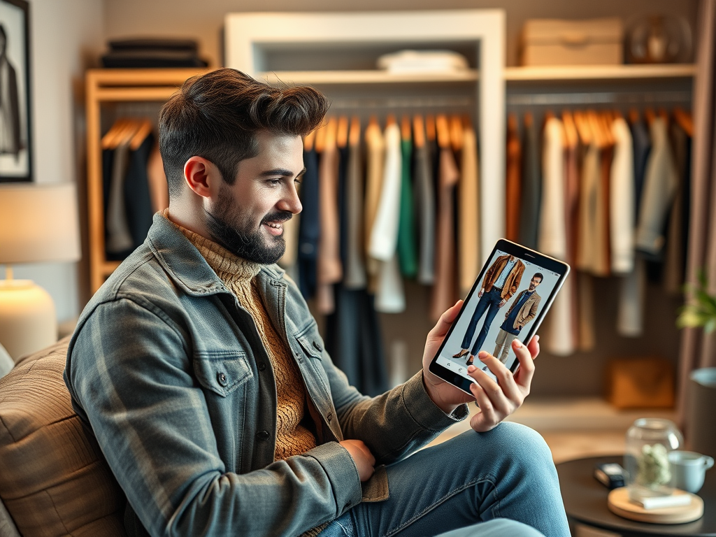 A man sits comfortably, smiling while looking at a tablet displaying fashion outfits, with a closet in the background.