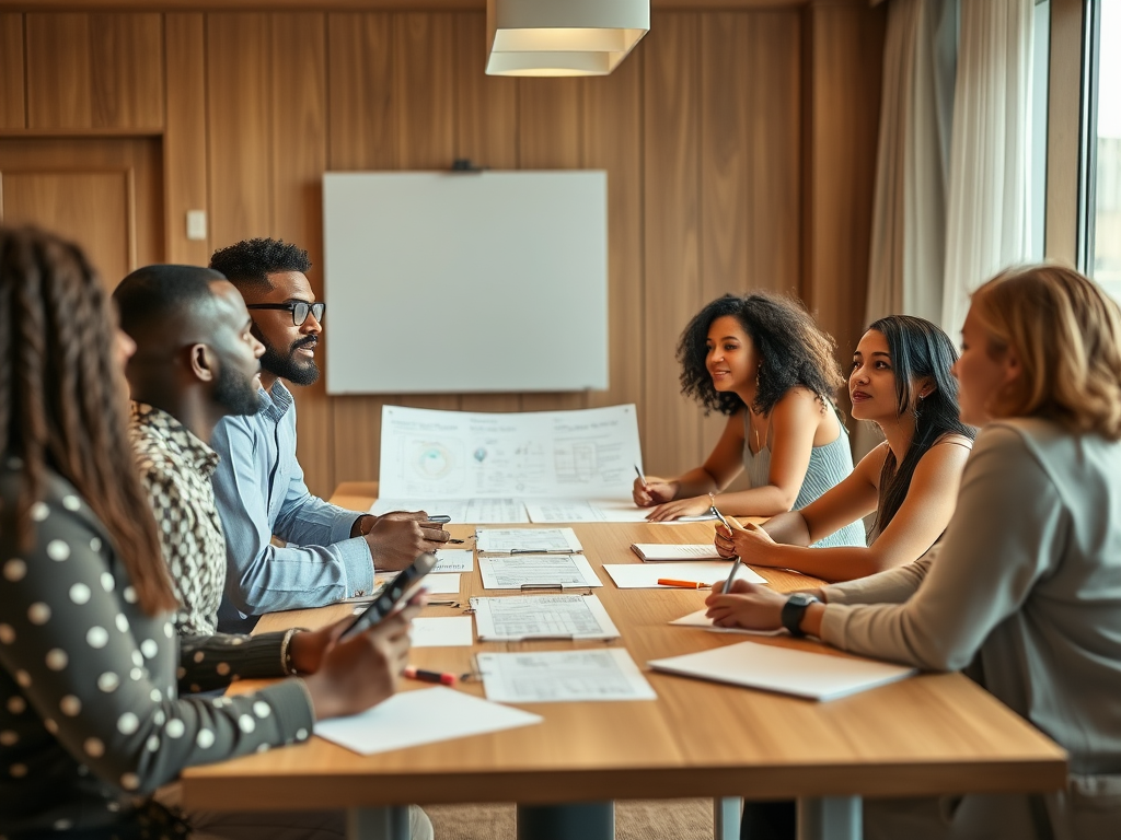 A diverse group of professionals engaged in a meeting around a conference table with notes and presentations.