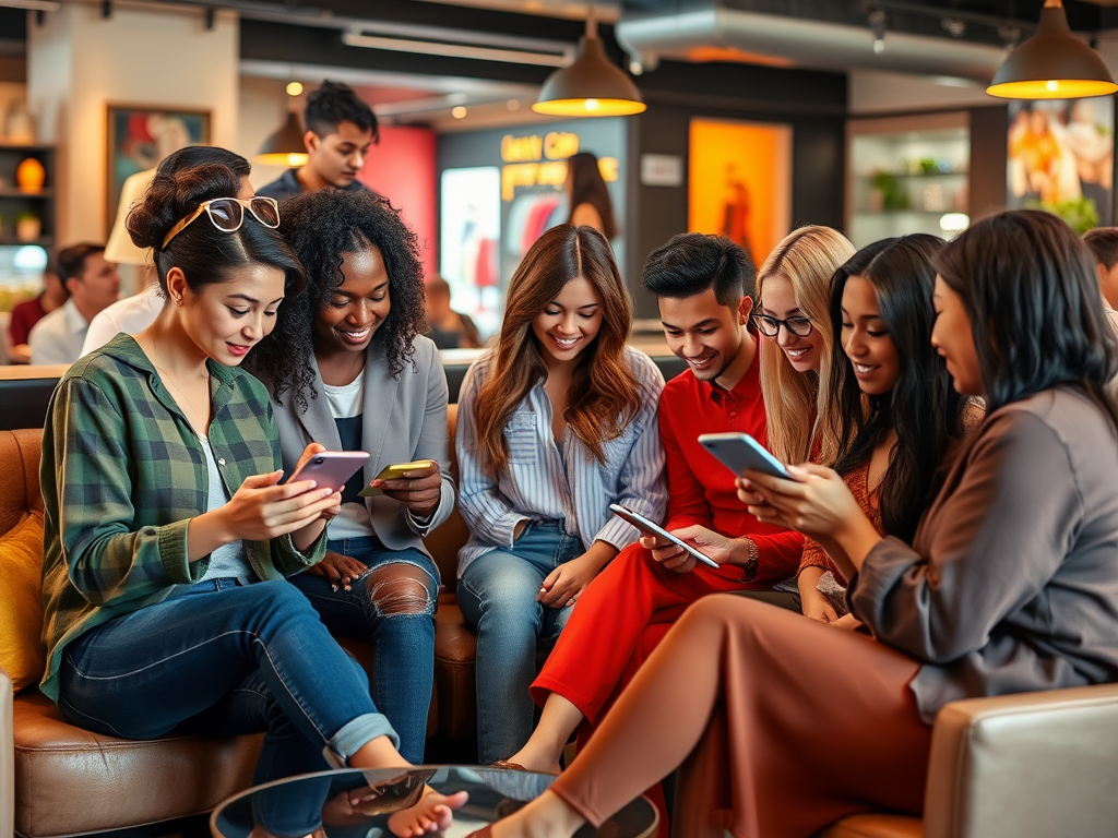 A diverse group of young adults gather on a couch, engaged with their phones and sharing smiles in a cozy café setting.