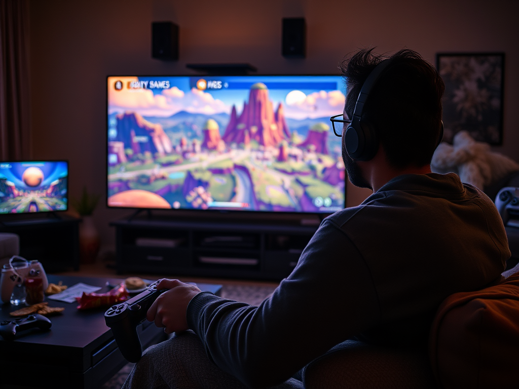 A person wearing headphones plays video games on a large TV, with snacks on a table beside them.