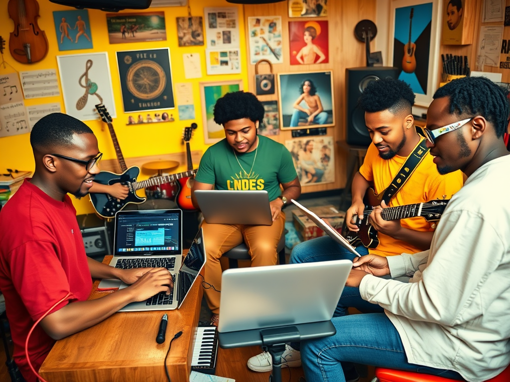 A group of five young men collaborate on music in a colorful studio filled with instruments and artwork.