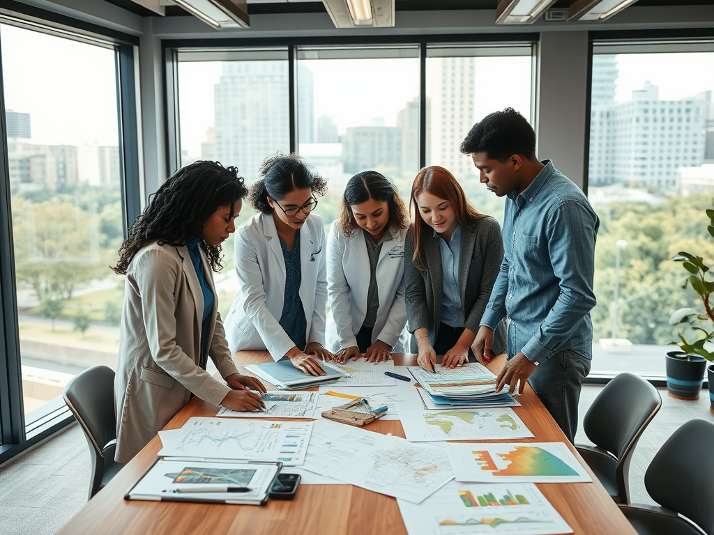 A diverse group of professionals collaboratively reviewing charts and maps around a conference table in a modern office.