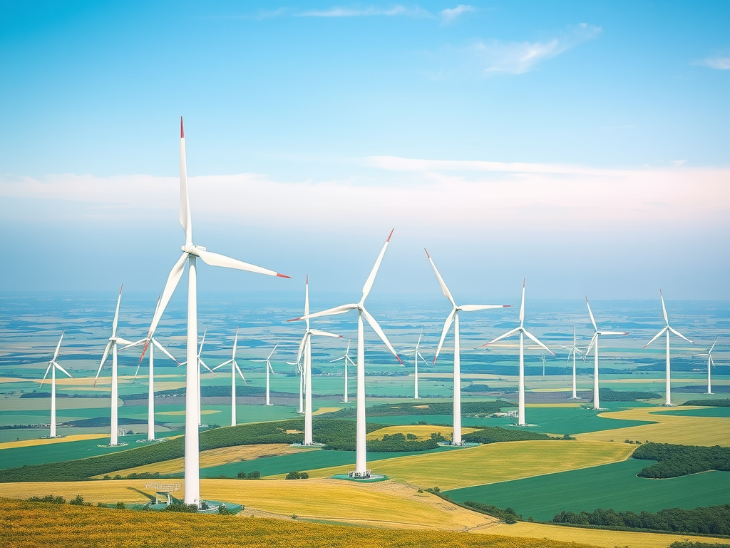 A panoramic view of multiple wind turbines generating clean energy in a vast green landscape under a blue sky.