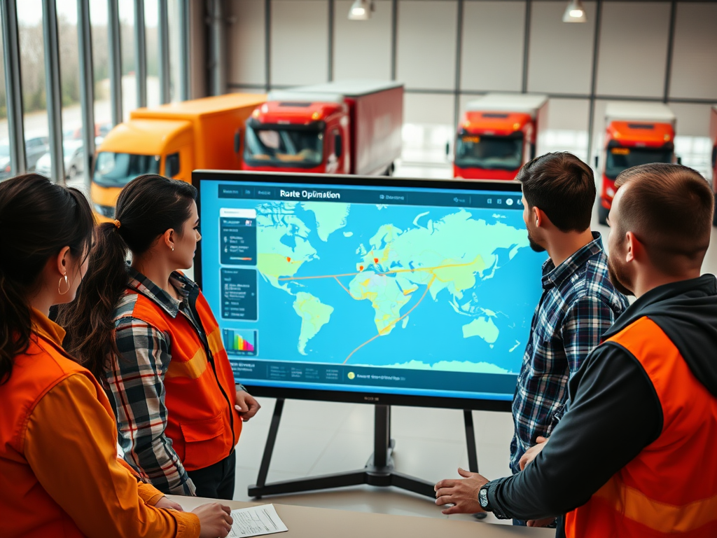 A group of four people in orange vests examines a route optimization map on a screen in a logistics facility.