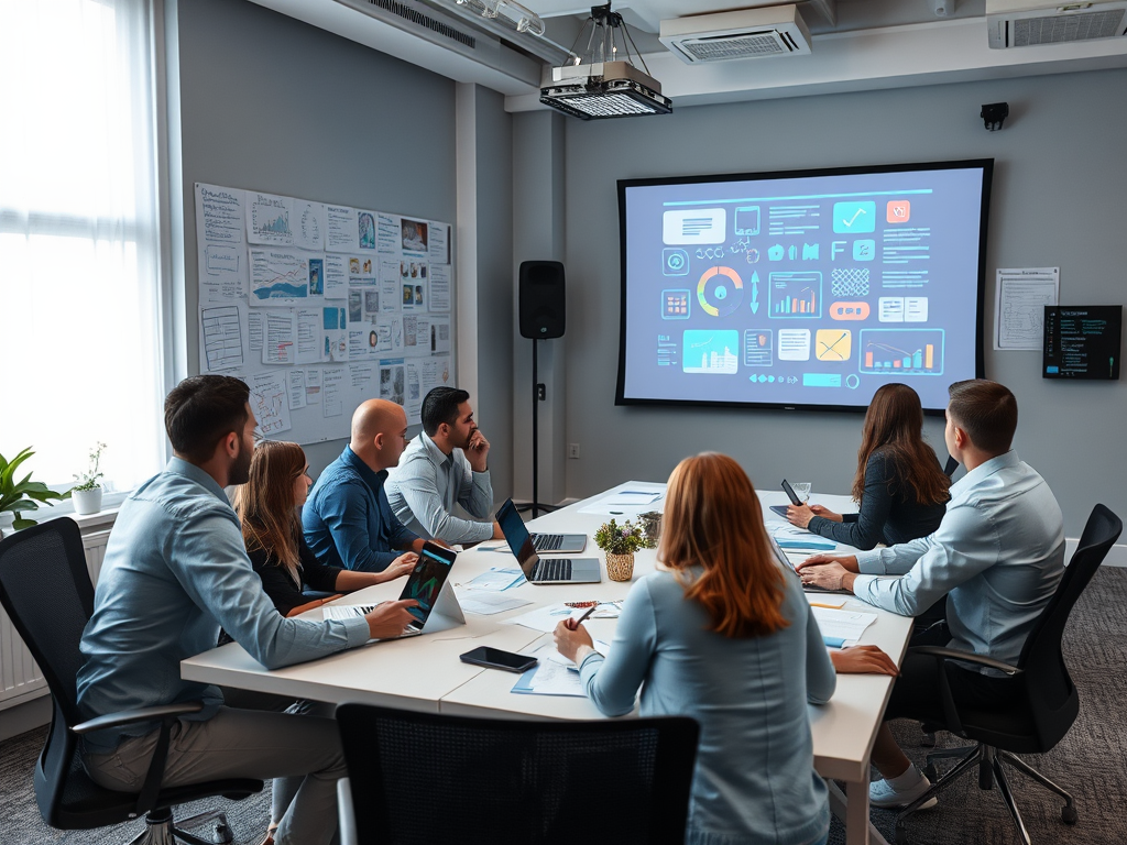 A group of professionals in a conference room, attentively observing a presentation on a large screen.