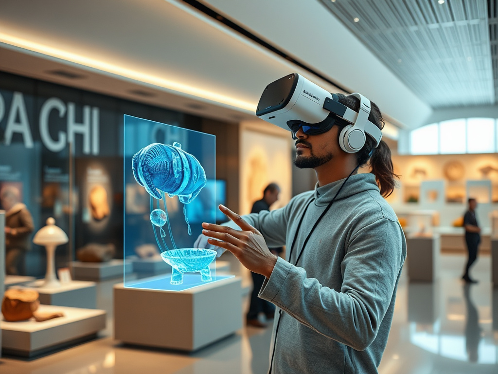 A person wearing VR gear interacts with a holographic display in a modern museum setting.