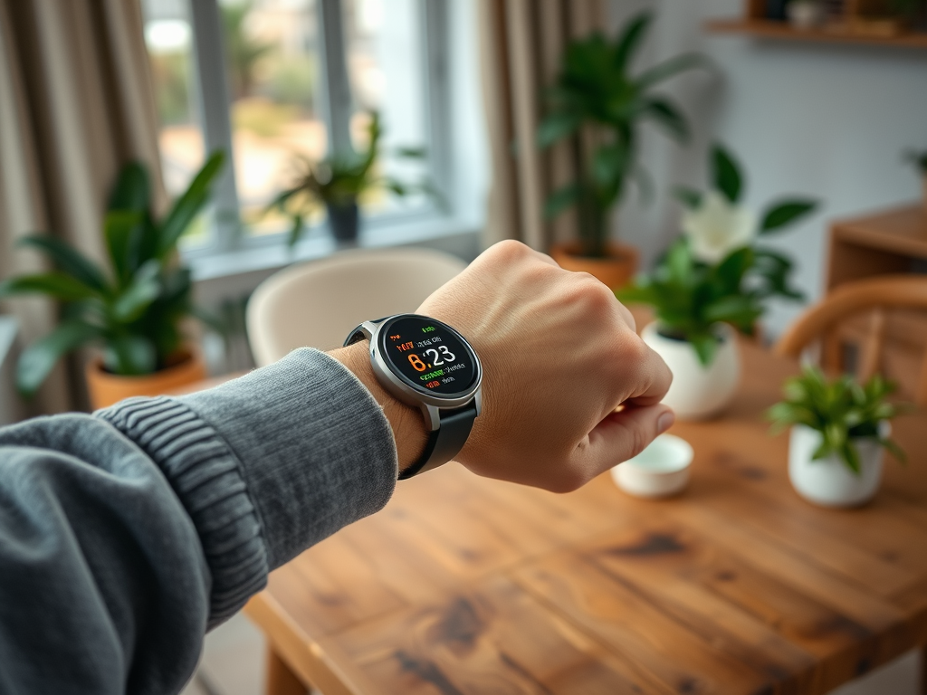 A person's wrist with a smartwatch displaying the time 8:23 in a cozy, plant-filled room.