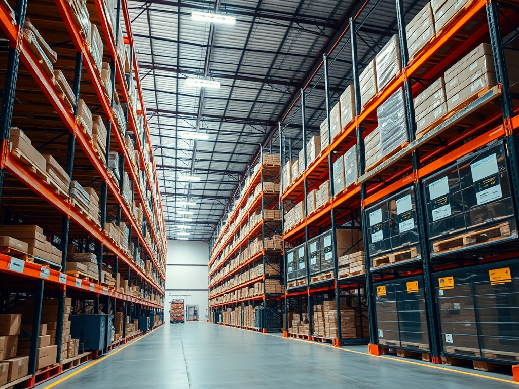 A spacious warehouse interior with tall shelves filled with neatly stacked boxes and pallets along the aisles.