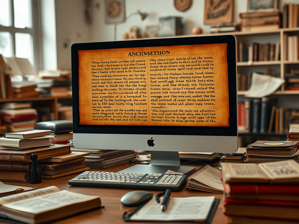 A computer screen displays text titled "ANCIENT SETION" in a cozy library filled with books and papers.